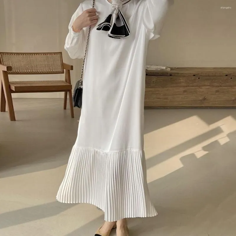 Casual Dresses Japanese Fashion Solid Color Autumn 2023 Long Dress Loose Pleated Round Neck Women Straight Sleeve