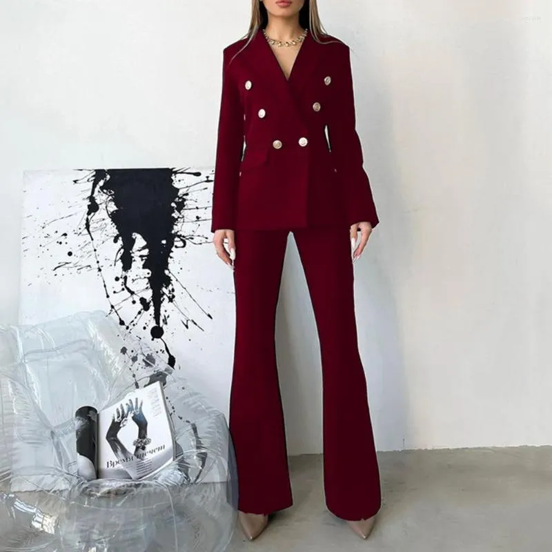 Women's Two Piece Pants 2 Pcs/Set Lady Business Suit Solid Color Formal Double-breasted Two-Piece Set Long Sleeves High Split Women Coat