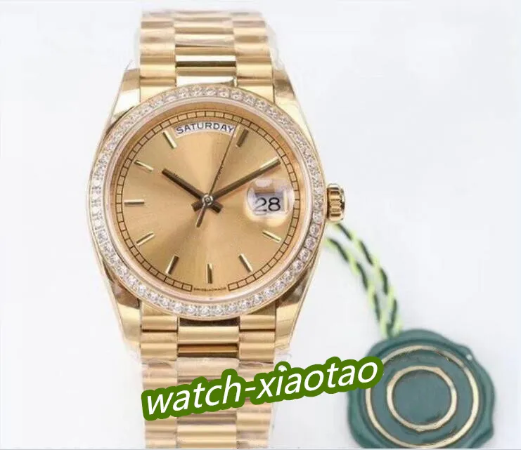 Automatyczne zegarek unisex męskie kobiety 36 mm prezydenckie żółte złoto szampana diamentowa ramka 128348 128345 Fabryczne wodoodporne zegarki mechaniczne