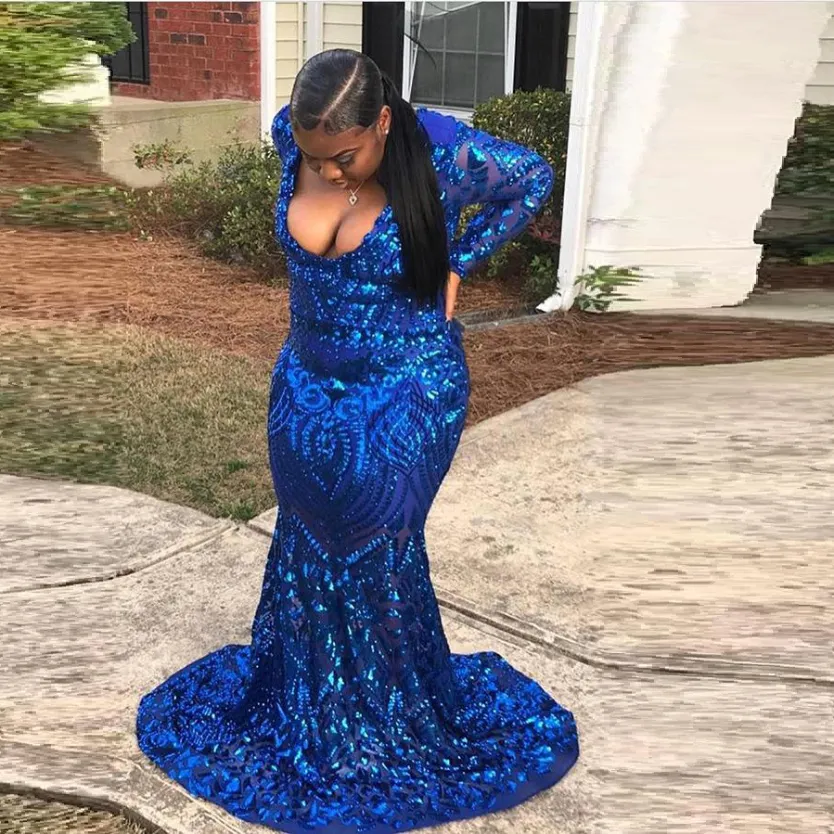 REAL BUL Blue Glitter Mermaid PROM DRESS DE MANEIRAS LONGA APLICHES DE LENTA AFRICANA MULHERES AFRIAN PLUS TAMANHO EMPRENOS EMPRENOS DE FESTO DE FESTO