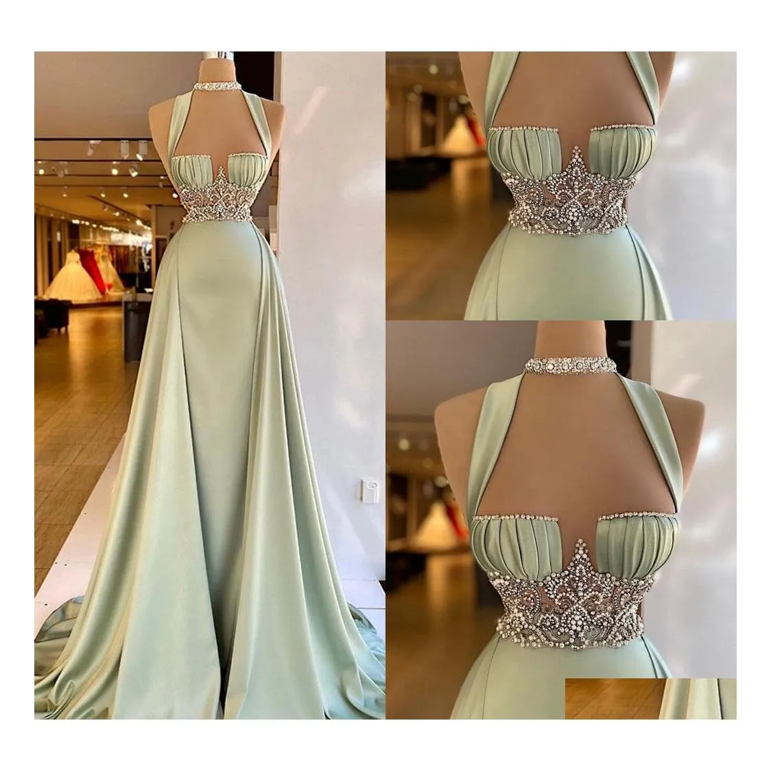 car dvr Prom Dresses Arabic Green Mermaid Elegant Sleeveless Halter Neck Soft Satin Beading Long Party Evening Gowns 0109 Drop Delivery Wedd Dhgxa