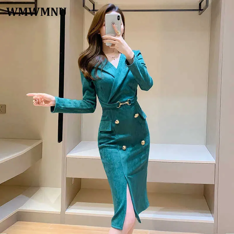 Casual Dresses Office Lady Sexy Slim Blazer Dress Women Fall Korean Notched Collar Slit Evening Party Dresses Elegant Midi Vestidos De Fiesta Z0216