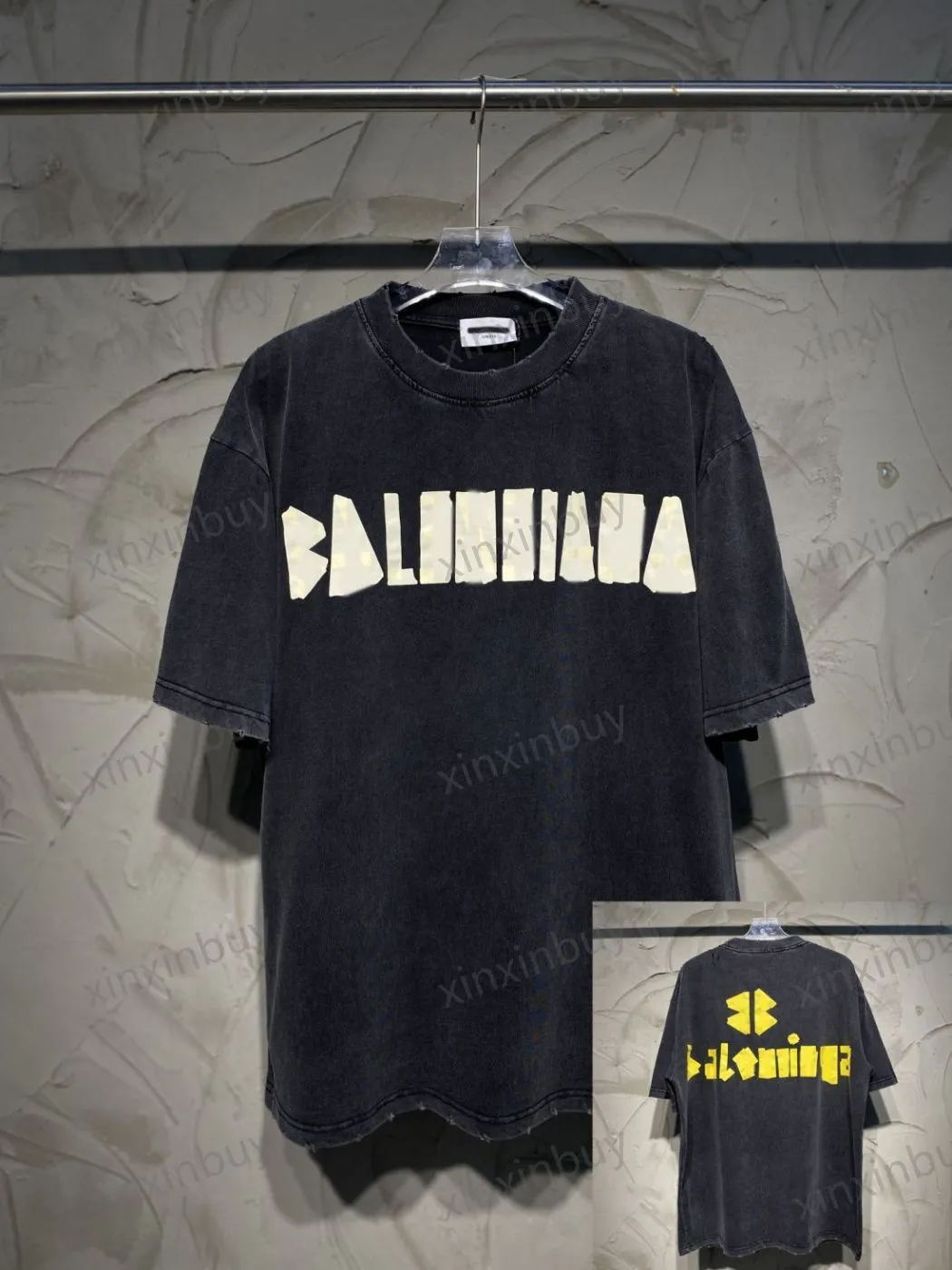 xinxinbuy 男性デザイナー Tシャツ tシャツ 23ss テープ破壊レタープリント半袖コットン女性黒青白カーキブラウン S-2XL