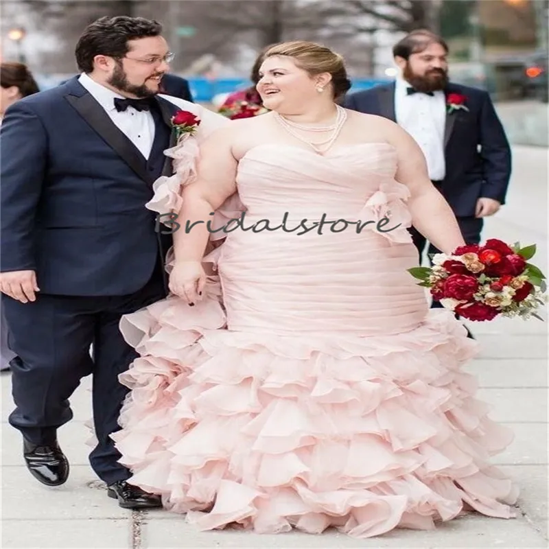 Big Size Pink Mermaid Wedding Dress 2023 Cascading Ruffles Bottom Plus Size Country Bridal Gowns Luxury Vestido De Noivas Women Pleat abito da sposa robe de mariee