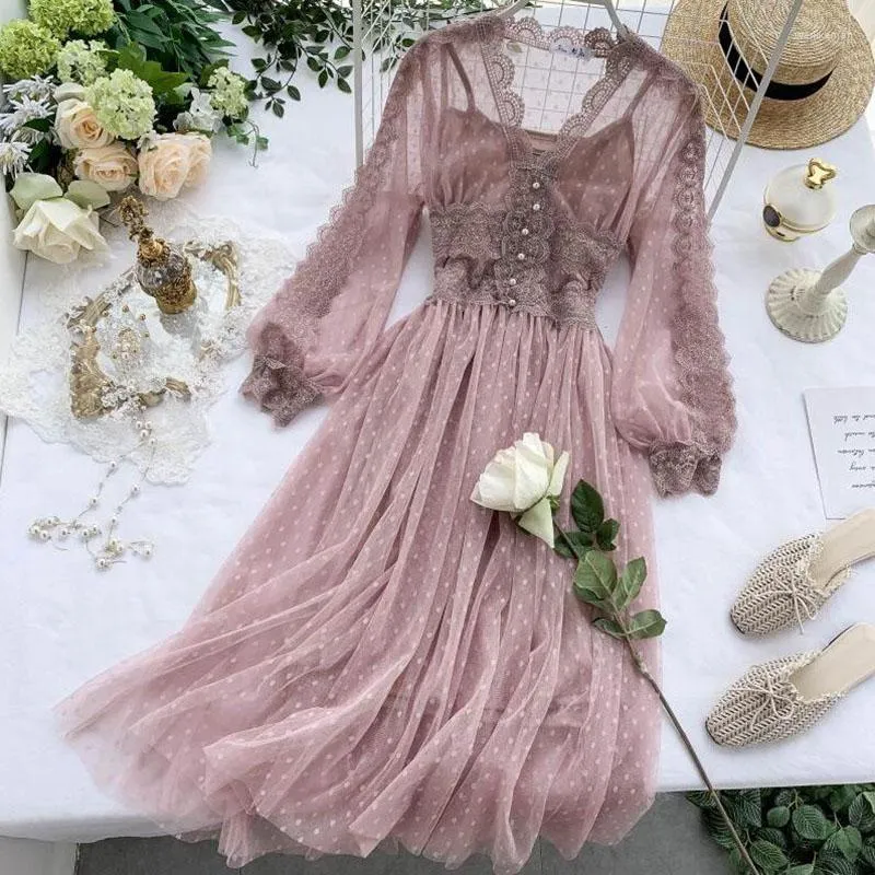 Casual Dresses Sweet Women Pink Lace Mesh V-neck Elegant Puff Sleeves Party Dress Sexy Slim Solid Color A-line Midi