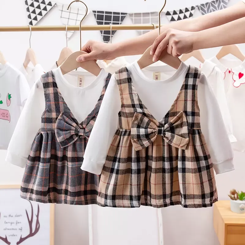 2023 vestido de verano para niña, camisetas sólidas, Tops a rayas a cuadros, vestido de princesa con lazo, vestidos infantiles de colores encantadores para niñas, ropa de moda para niñas