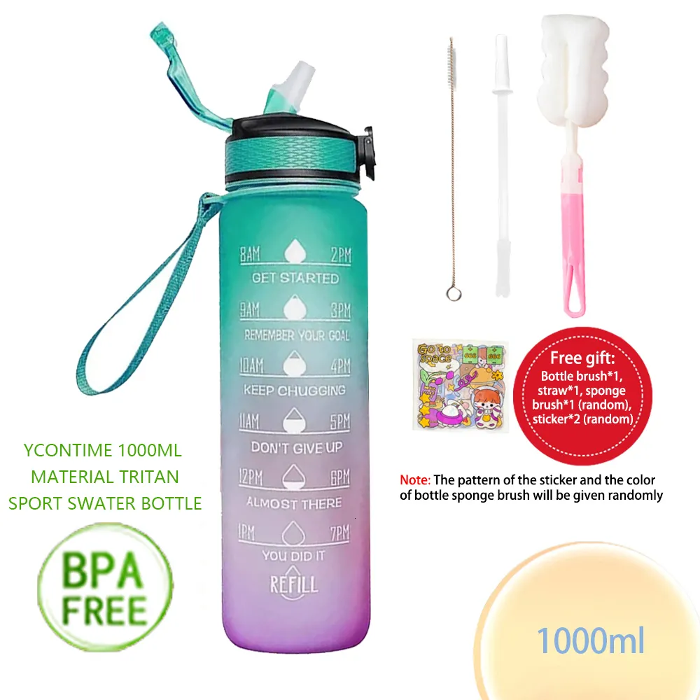 Water Bottles YCONTIME 1000ML Sports Water Bottle With Bounce Cover Time Scale Frosted Leak-Proof Tritan Plastic BPA Free For Outdoor Fitness 230303