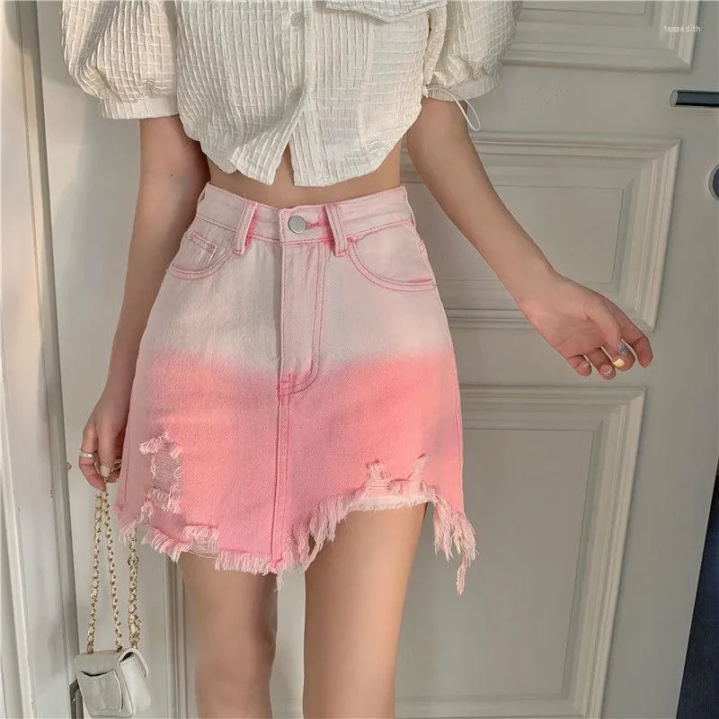 Skirts Fashion Gradient Denim Women High Waist Mini Skirt Female Pink Blue Wrap Summer