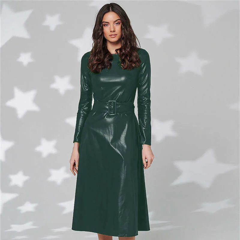 Casual Dresses New Fashion Belt Faux Leather Dresses Women Long Sleeve Slim Fit PU Dress Sexy Club Wear New Arrival Autumn Winter Z0216