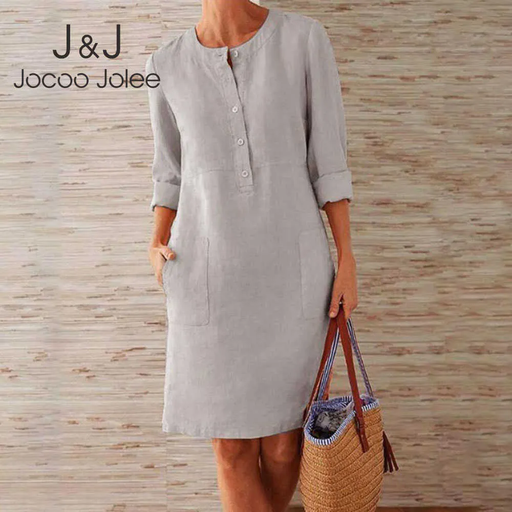 Casual Dresses Jocoo Jolee Vintage Straight Dress Long Sleeve Oversized Mini Dress Women Casual Soild Long Sleeve Cotton and Linen Tunic Dress Z0216