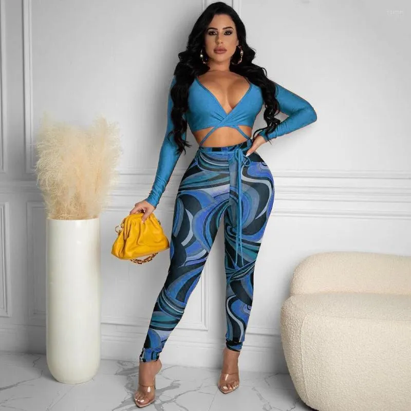 Women's Two Piece Pants 2023 Sexy Women Pieces Outfit Printed Long Sleeve Crop Top And High Waist Jogger Skinny Streetwear 2pcs Outfits