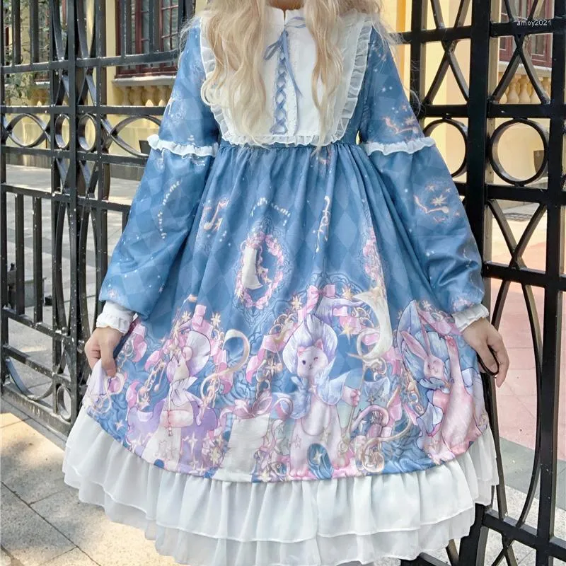 Swobodne sukienki japońska księżniczka impreza słodka lolita sukienka vintage koronkowa urocza druk wiktoriańska kawaii dziewczyna gotycka op Loli cos