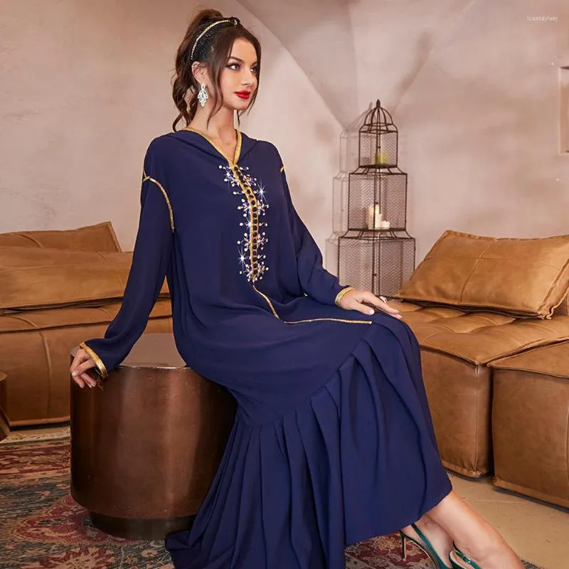 Ethnic Clothing Navy Blue Arab Fashion Diamonds Pleated Dress Middle East Abayas For Women Evening Dresses Muslim Robe Femme Musulmane