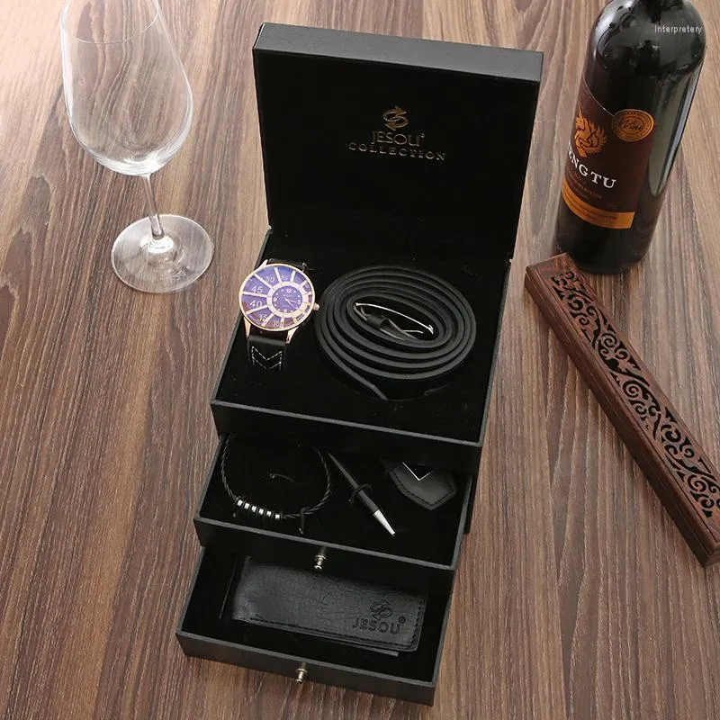 Начатые часы 6pcs/set Мужской подарочный набор мода бизнес-бокс 3-слойные часы для кожаного ремня браслет кошелька ручка для мужчин подарки Relogio