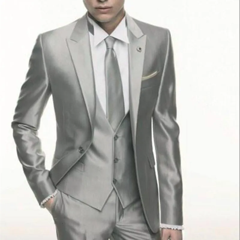 Costumes pour hommes Blazers argent gris Satin mariage hommes costume formel maigre élégant mâle Blazer fête personnalisé smoking 3 pièces robes mens Suits 230303