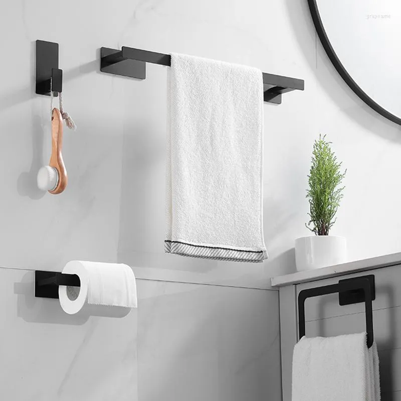 Juego de accesorios de baño sin taladro de acero inoxidable, herrajes  negros mate, toallero autoadhesivo, anillo, soporte de papel, gancho,  accesorios