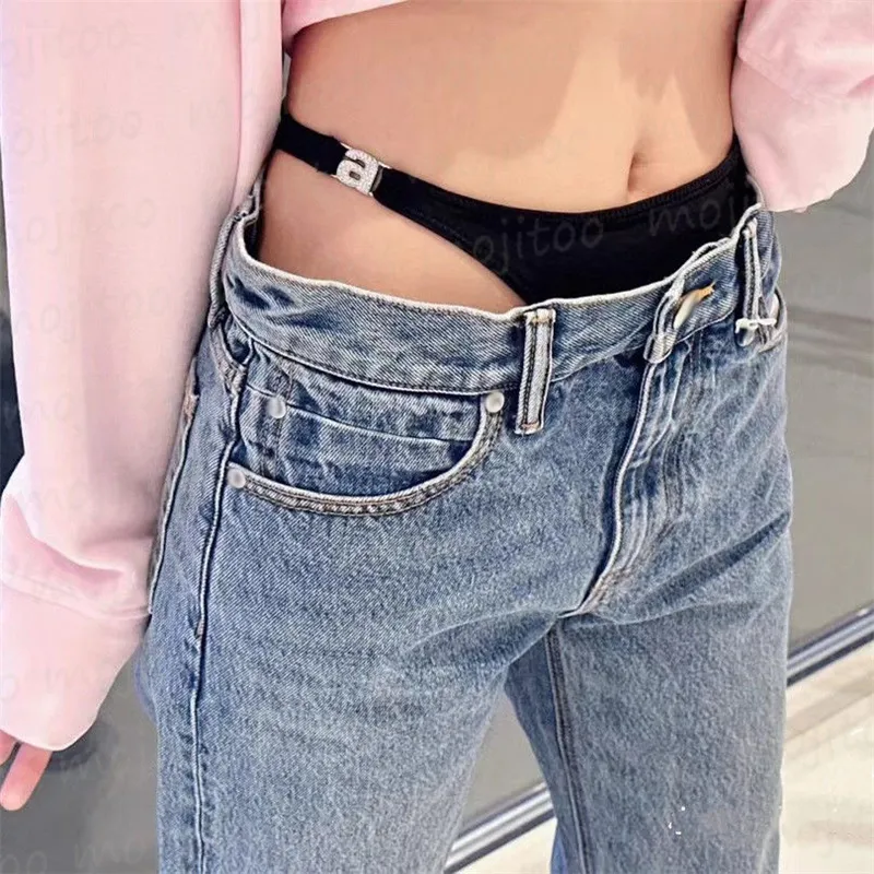 Women Designer Jeans Trousers Fake Two-piece Underpants Splicing High Waist Denim Pants