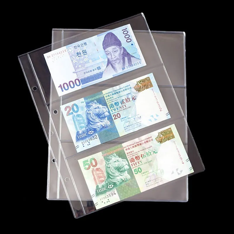 Pliki na kartę biznesową 10PCS Banknot Paper Paper Album Strona zbieranie rękawy 3 szczeliny Lose LEAF SHEAT OCHRONY 230302