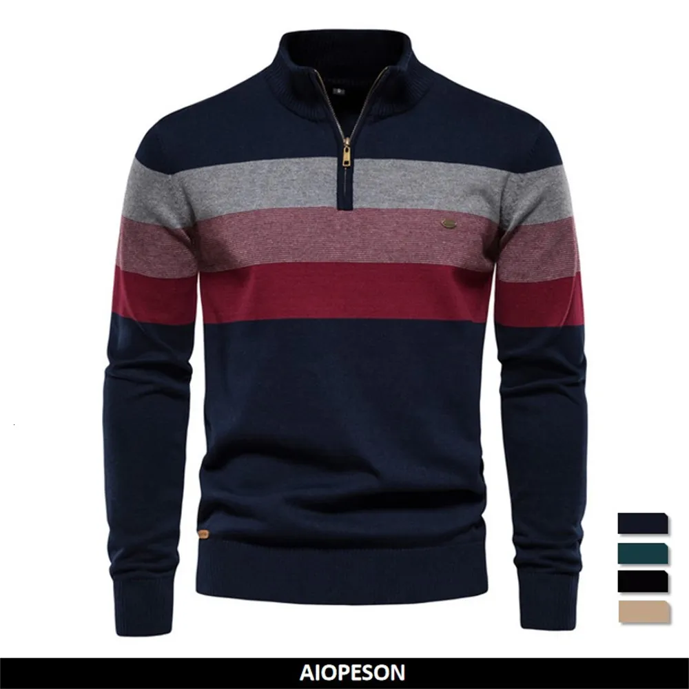 Suéter masculino AIOPESON Patchwork pulôver de algodão casual com zíper mock neck para inverno moda quente 230302