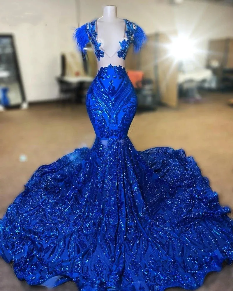 Sparkly Royal Blue Prom Dress 2023 Per le donne Glam Paillettes Nero Ragazze Abiti da festa di compleanno Robes De Bal Abiti da sera lunghi 322