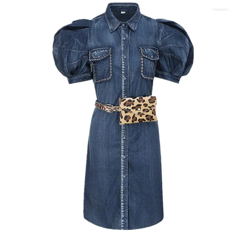 Robes décontractées femmes robe en jean 2023 été manches bouffantes Style Preppy rétro mince a-ligne