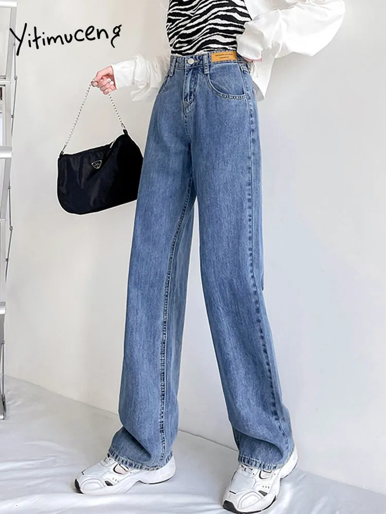 Kvinnors jeans yitimuceng hög midja jeans för kvinnor breda ben byxor denim blå vit vintage streetwear rak mamma jeans full längd 230303