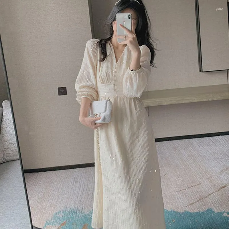 Casual Dresses V-Neck Elegant Fairy Wedding Dress Vintage French Puff Sleeve Midi For Women Korean Sequins Party Robe 20586