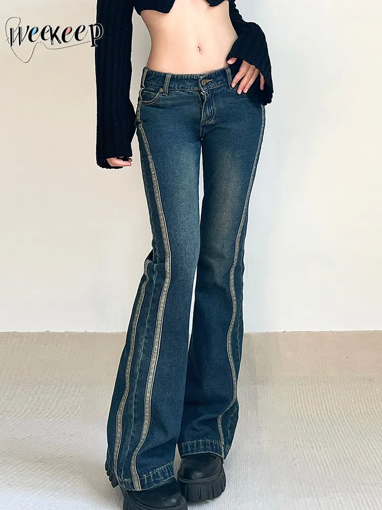 Jeans Femme Weekeep Vintage Jeans évasés rayé couture maigre taille basse Denim pantalon femmes décontracté 90 s Streetwear mode coréenne y2k Grunge 230303