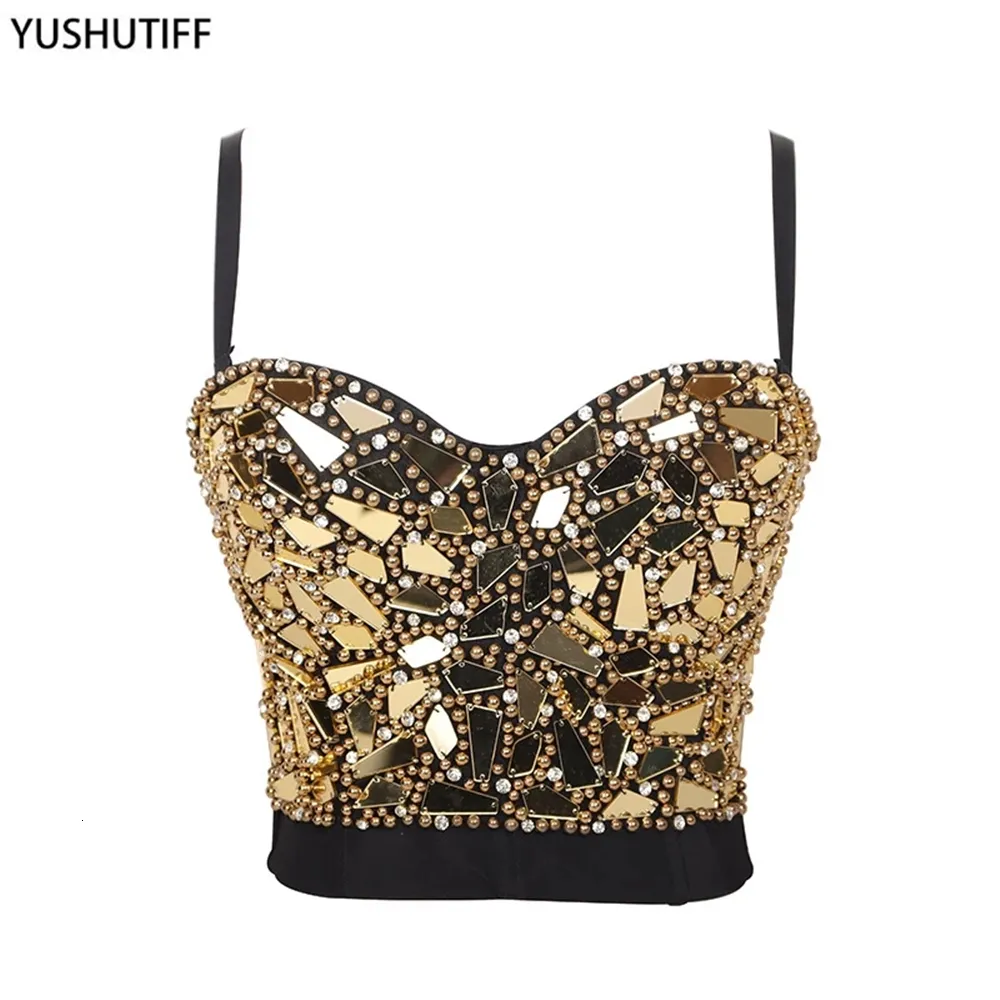 Kvinnors tankar Camis Sexig pärlstavning Diamond Sequins Kvinnor Camis beskuren Top Night Club Party Corset Crop Top för att slitna Push Up Bustier Bra DB905 230303