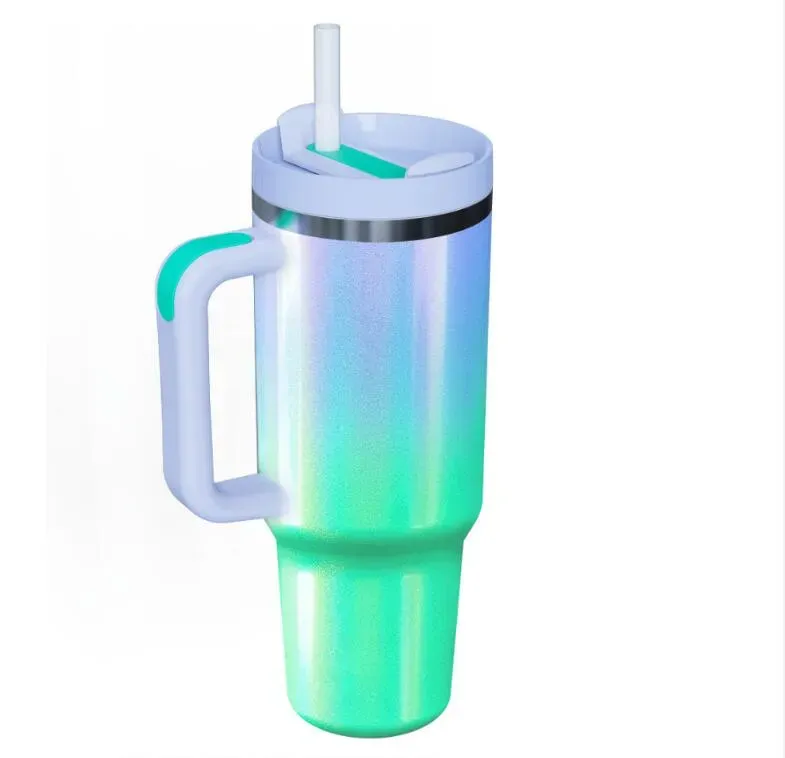 New 40oz stainless steel tumbler with handle lid straw rough glitter UV gradient colors big capacity water bottle outdoor camping cup vacuum insulated travel mugs