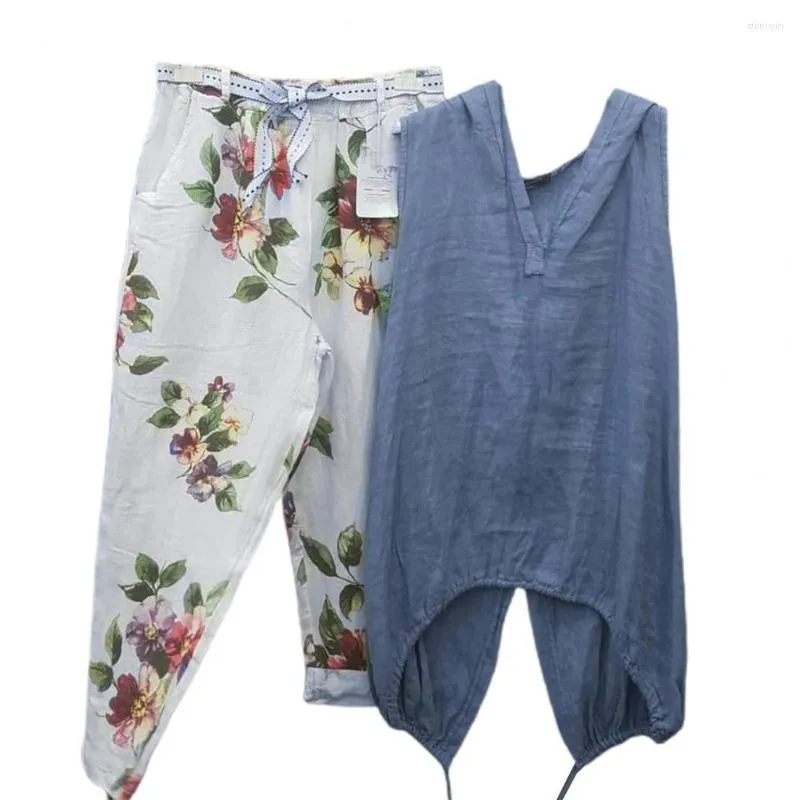 Calças de duas peças femininas confortáveis ​​2 pcs/conjunto simples padrão floral de verão as calças de capuz