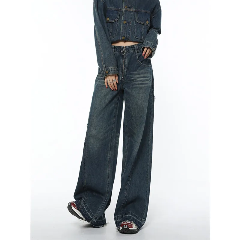 Kvinnors jeans Autumn Blue High midja Kvinnor Jeans American Fashion Vintage Streetwear Wide Leg Denim Trouser Straight Baggy Flare Denim Pants 230303