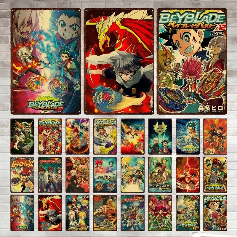 Affiche vintage japonaise Beyblade en métal, plaque en étain, dessin animé rétro, peinture en fer, salle de jeux, décoration murale, maison personnalisée, taille 30 x 20 w01