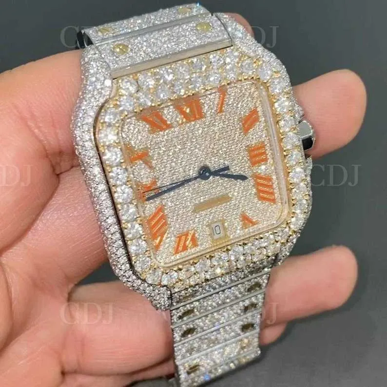 W753 Två ton Anpassa Iced Out VVS Moissanite Diamond Hip Hop Mechanical Stainls Steel Wrist Watch Bust Down WatchapomH10RS3F9