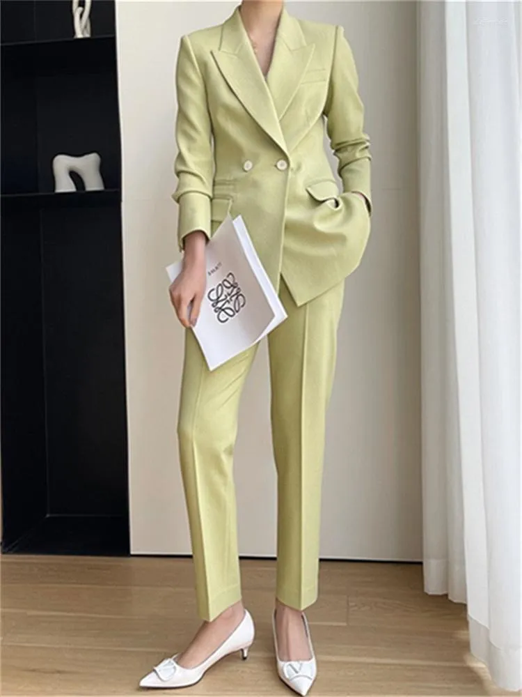 Dames tweedelige broekpak Set Dames Spring 2023 Rapel Vrouwelijk dubbele borsten jas Wide Leg Office Ladies Blazers