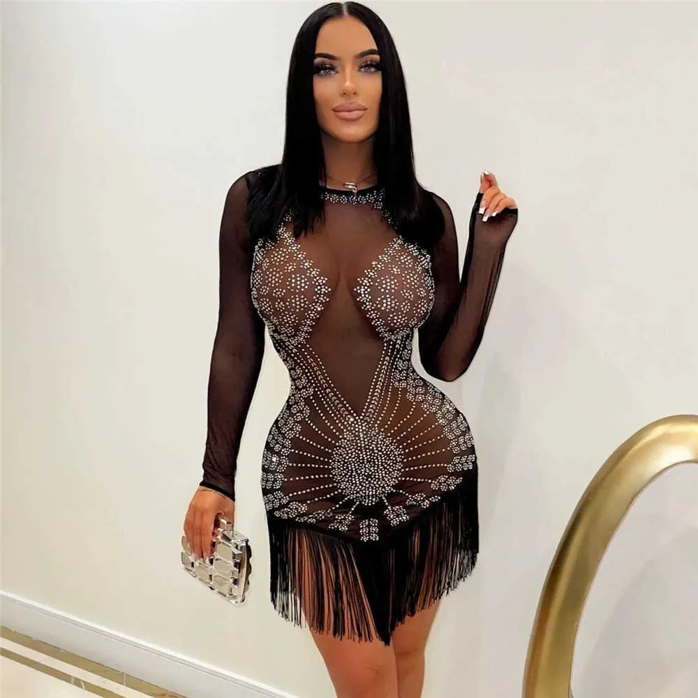 Lässige Kleider Mesh Quaste Strass Kurzes Abendkleid Durchsichtige Outfits Elegantes Luxus-Schwarz-Nude-Party-Sexy-Diamant-Nachtclub-Minikleid Z0216