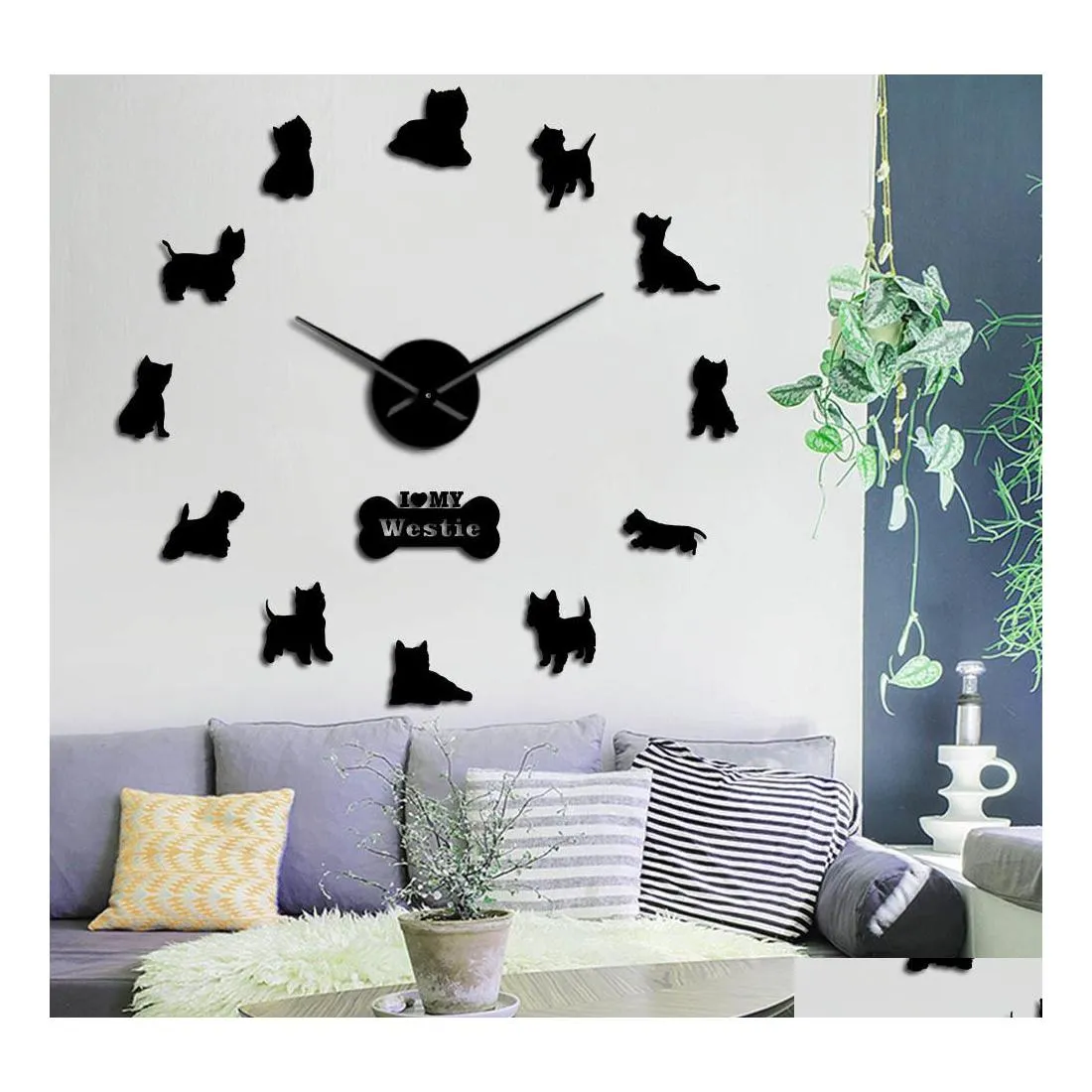 Voiture DVR Horloges murales West Highland Terrier Westie Race de chien longue horloge main 3D bricolage chiot animal auto-adhésif grand acrylique montre goutte del dhtfm