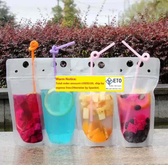 Clear Drink Pouches Bags frosted Zipper Standup Plastic Drinking Bag with straw with holder Reclosable HeatProof 17oz