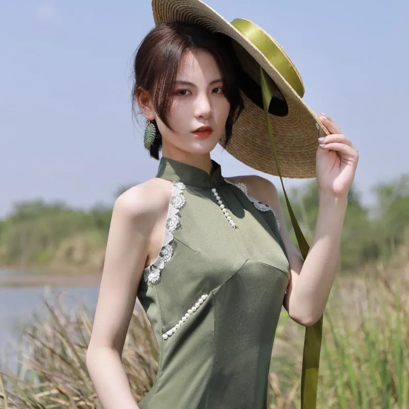 Uwaga na temat ubrania etnicznego Dostosowanie Cheongsam Chiński wiatr zmodyfikowany długa młoda dziewczyna sukienka bez rękawów Kobieta Summer Florence