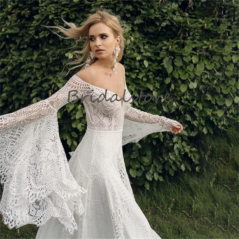 Bohemian Lace Boho Lace wedding dress - Flare Long Sleeve, Backless, Crochet, Chic - 2023 Summer Garden Boho Bride Gown