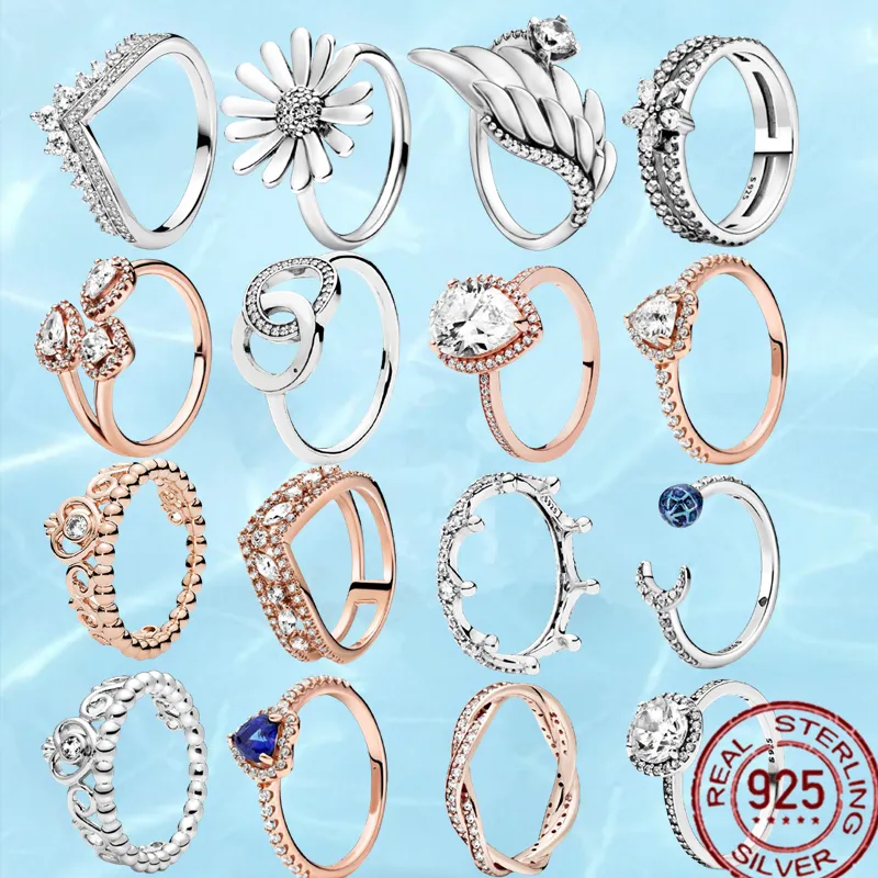 Srebro próby 925 kobiety Fit pierścionek Pandora oryginalne serce korona modne pierścionki księżniczka Wishbone podpis koła serca Halo nieskończoność wieczna miłość 10245