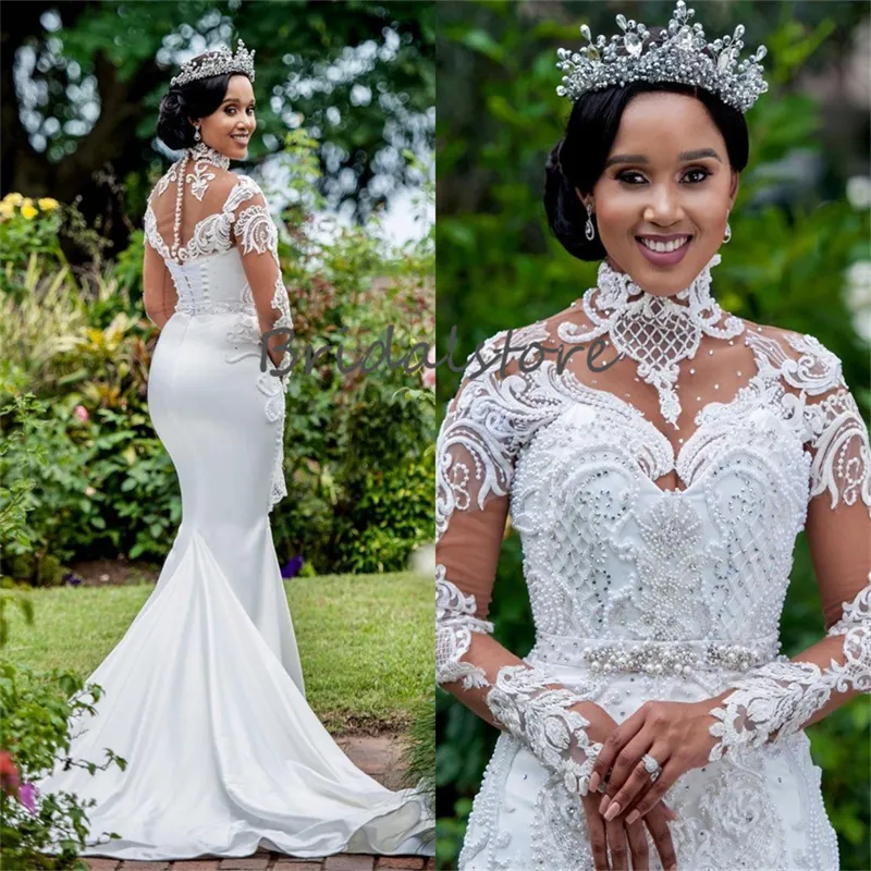 Luxury Mermaid Wedding Dress Boho 2023 High Neckline Long Sleeve Country Bridal Dresses For Bride Pearls African Robe De Mariage South African Black Girls Plus Size