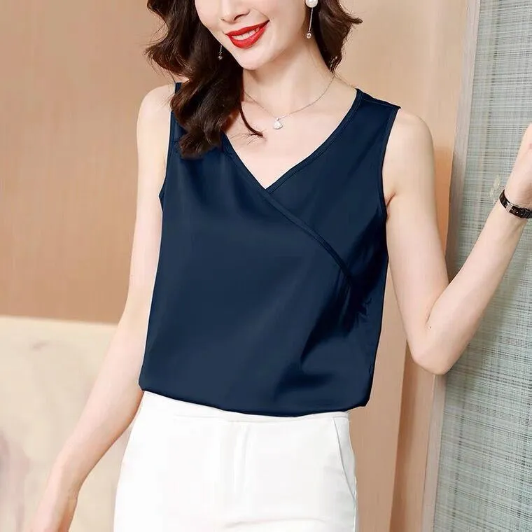 Women's Blouses & Shirts Summer Women Tank Tops Camis Satin Top Camisole Style Sexy Sleeveless Ice Silk Vest White V Neck Loose VestWomen's