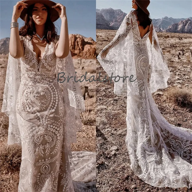 Chic Lace Boheemse trouwjurk 2023 Flare Lange mouw Backless Hippie Beach Sweep Train Bruid Jurken V Neck Country Vestido de Noivas Abito Da Sposa Robe de Mariee