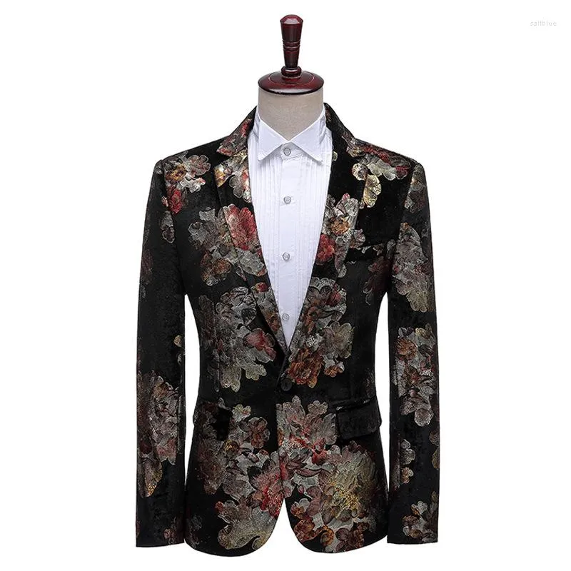 Abiti da uomo HOO 2023 Velluto da uomo Sfondo nero con stampa Stage Performance Blazer Studio Wedding