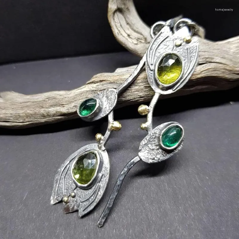 Dangle Boucles D'oreilles 2023 Est Asymétrique Vert Pierre Déclaration Pour Les Femmes Vintage Bijoux Bourgeon Fleur Feuille 925 Argent Aiguille Sarcelle Boucle D'oreille