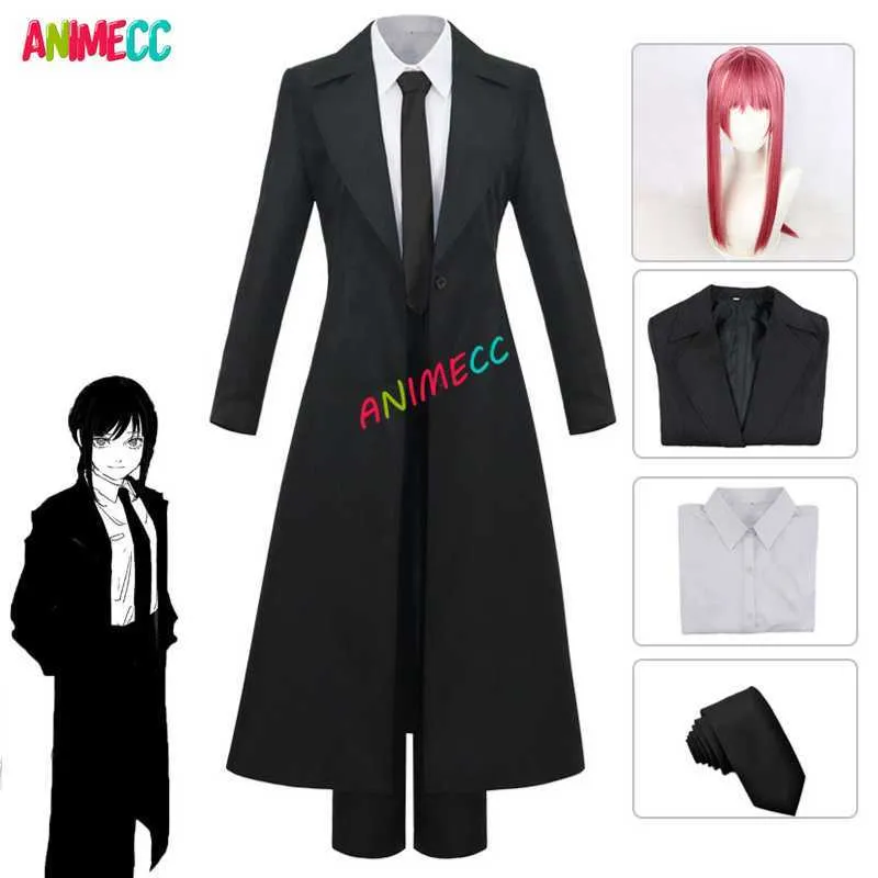 Anime kostuums animecc kettingzaag man makima cosplay komen zwart trench shirt tie pants makima pruik long licht rood vlecht mannen vrouwen passen uniform z0301