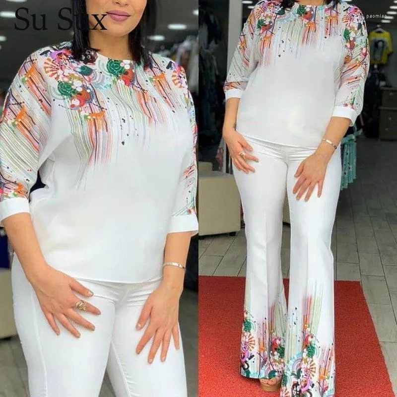 Pantalon deux pièces pour femmes ensemble décontracté femmes tenues grande taille imprimer 2 col rond TopFlare ensembles survêtement vêtements africains Dashiki