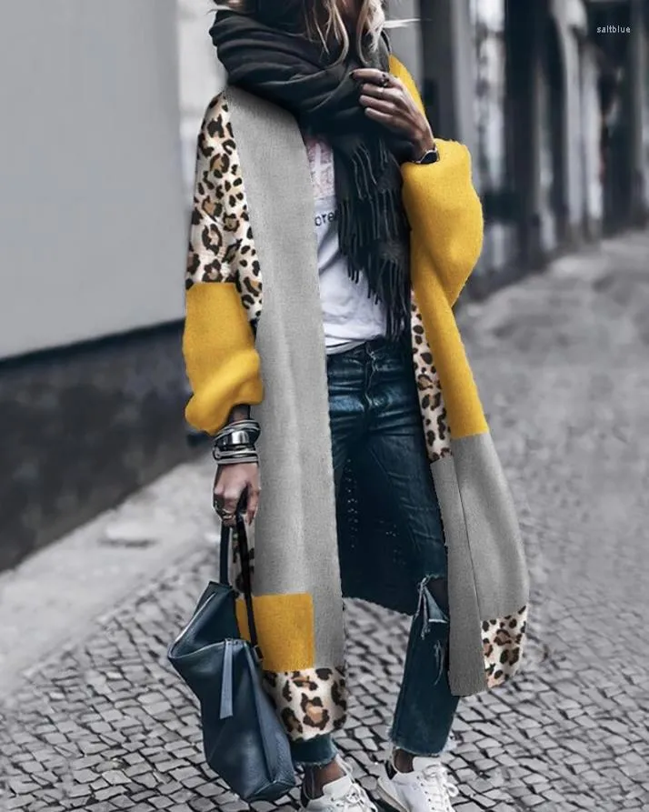 Women's Trench Coats Cardigan For Women Cheetah Print Colorblock Longline Casual 2023 Autumn Europe And America Fashion Women's Clothing