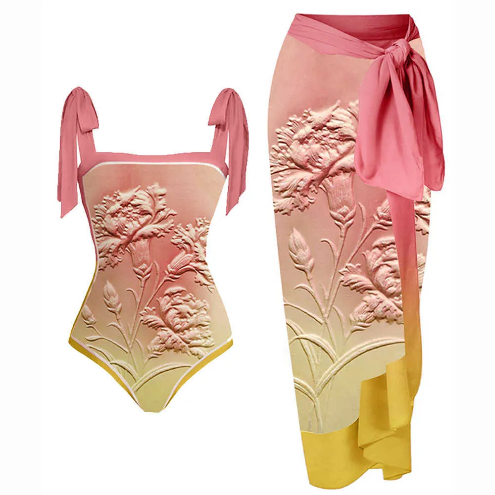 Damen-Bademode, Badebekleidung, 2022, modisch, Vintage-Blumenmuster, Farbverlauf, Bikini-Set, sexy Einteiler-Badeanzug und Cover-Up, Damen-Badeanzug, rückenfrei, T230303